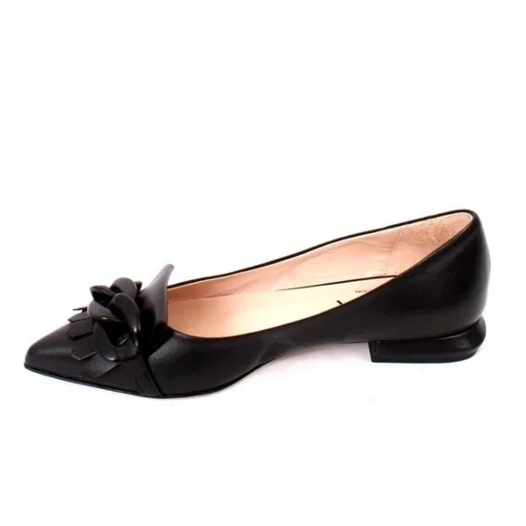Fucsia 1000 Black Leather Buckle Pointy Flat Shoe - Picture 6 of 8